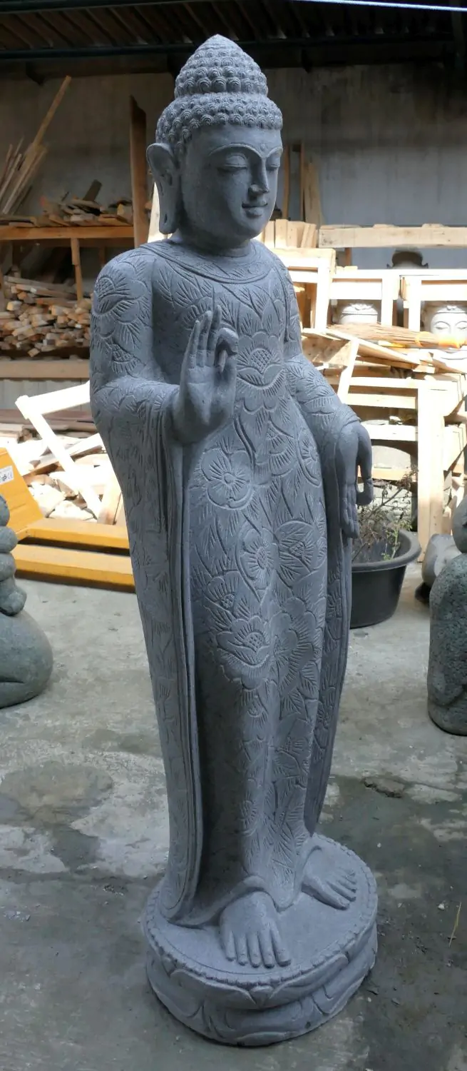  Product image 3 of the product “Standing Buddha with floral carving, Abudaya position. 44 x 31 x 154cm. Natural stone (river stone), stonemasonry ”